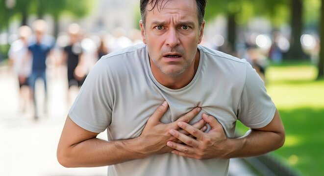 A middle-aged man clutches his chest in apparent distress while walking outdoors in a park with blurred people in the background.