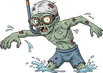 Cartoon zombie swimmer illustration wearing snorkel mask, swim cap, dripping water, scary undead character, creepy beach monster, funny halloween design, vector art style