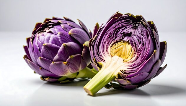 Two vibrant purple artichokes, one whole, one halved, showcasing their interior