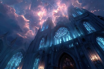 Fantasy gothic cathedral with glowing stained glass windows and dramatic celestial sky, combining spiritual architecture with a surreal divine atmosphere