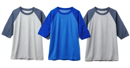Three blank baseball t-shirts, gray, blue, gray, displayed on a white background