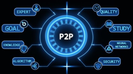 Obraz premium Futuristic P2 P concept diagram with glowing blue neon lines and icons on black background peer to peer