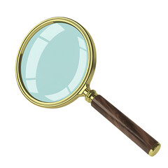 Golden magnifying glass with a classic wooden handle on transparent background.