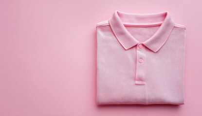 Folded, light pink polo shirt on a pink background