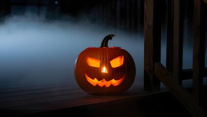Obraz premium Menacing Jack-o'-lantern on a foggy Halloween night, illuminated porch setting.