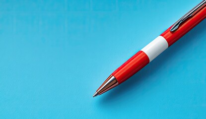 Close-up of a red ballpoint pen on a vibrant blue surface