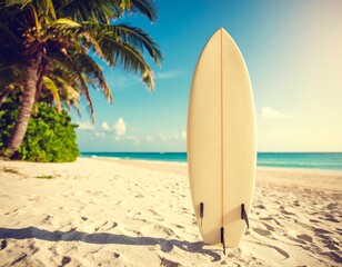 Surfboard on a tropical beach at sunrise