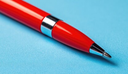 Close-up of a red ballpoint pen on a light blue surface.  The pen's tip is angled slightly towards the viewer. A metallic band is visible around the pen's middle section