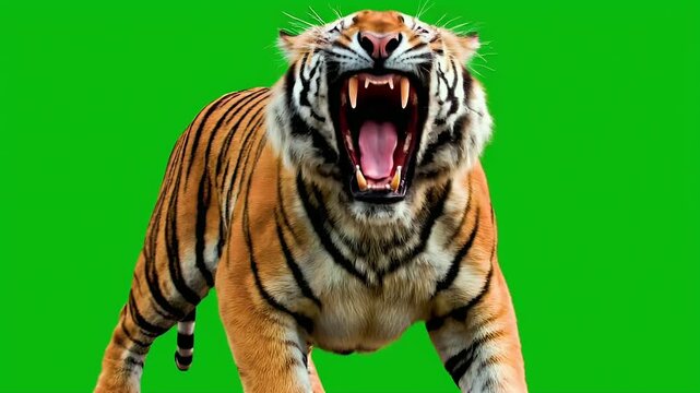 Powerful Roaring Tiger on Green Screen. Wild Predator with Open Mouth and Fangs. Chroma Key Background for Easy Compositing.