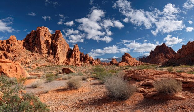 Panoramic desert landscape with towering red rock formations under a vibrant blue sky.  