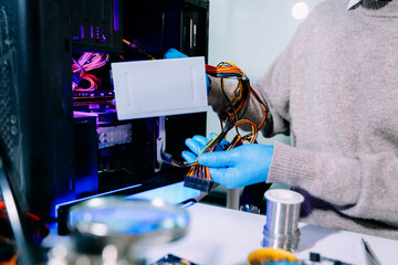 Technician in gloves handling power supply and cables during desktop PC assembly. Perfect for themes like computer repair, PSU install, and hardware build safety.