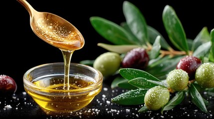 Golden Olive Oil Flowing from Spoon into Clear Glass Bowl with Green Olive Branch and Black Background close up