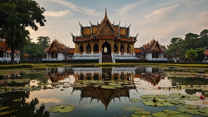 Obraz premium Majestic temple reflection on tranquil water at sunset, serene Asian architecture, peaceful travel, cultural landmark, tropical landscape.