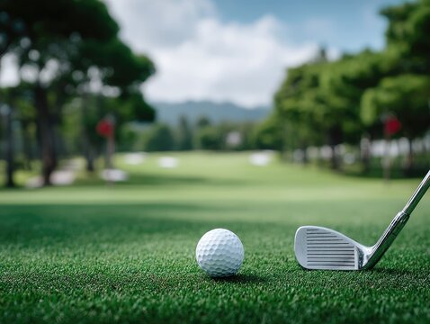 Golf Ball and Club on Green Grass with Trees and Mountain Backdrop Under Bright Sunny Day Light