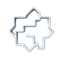 Interlocking, silvery-grey, geometric shapes forming a stylized flower or star design with a layered, 3D effect