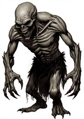 Old school RPG horror monster illustration of a ghoul, twisted humanoid with gaunt gray skin and elongated fingers tipped with dark claws, undead fantasy creature for roleplay games