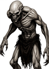 Old school RPG horror monster illustration of a ghoul, twisted humanoid with gaunt gray skin and elongated fingers tipped with dark claws, undead fantasy creature for roleplay games