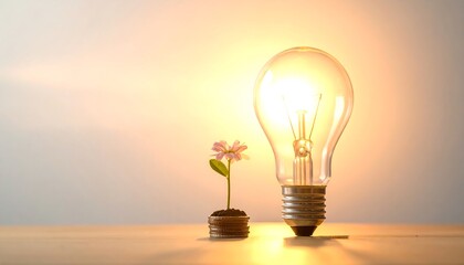 Lightbulb, plant, coins.  Bright idea