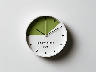 Modern wall clock illustration with green sector and text part time job, symbolizing reduced hours, flexible employment, and balance between work and personal life
