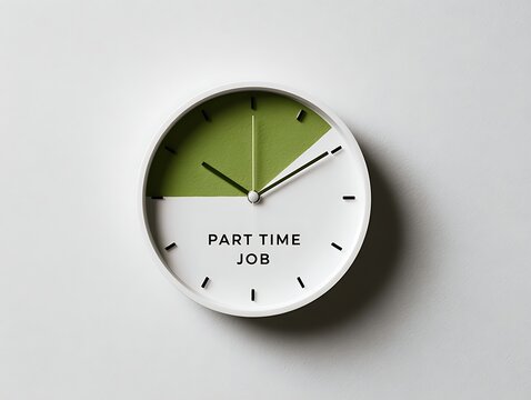 Modern wall clock illustration with green sector and text part time job, symbolizing reduced hours, flexible employment, and balance between work and personal life