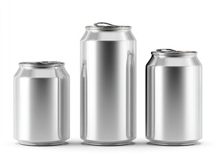 Three aluminum beverage cans of varying sizes,  all metallic silver,  on a plain white background.  Displaying clean,  modern design