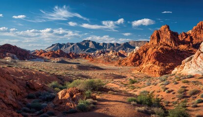 Arid landscape of vibrant red rock formations.  Vast valley, mountains, and a clear blue sky