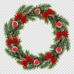 Christmas wreath with red balls, cones and bow, isolated.