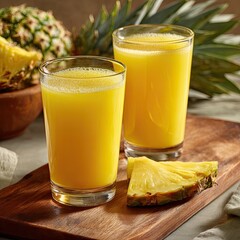 Two glasses of vibrant pineapple juice, with fresh pineapple slices and a bowl of pineapple