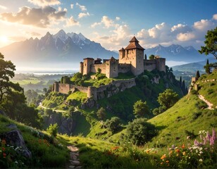 Obraz premium A magnificent medieval castle, nestled atop a verdant hillside, overlooks a tranquil valley bathed in the golden light of dawn.