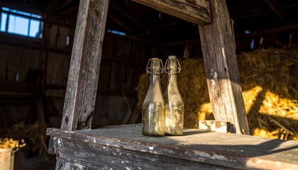 Two vintage bottles on a weathered wooden surface inside an old barn