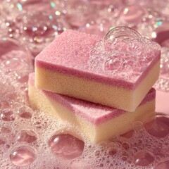 Two stacked, light pink and cream-colored exfoliating sponges, resting on a bed of light pink bubbly foam