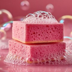 Two pink sponges stacked, saturated in bubbles