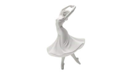 Isolated white ballet dancer figurine with raised arms in a flowing dress, dancing graceful