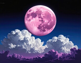 Obraz premium Pink Moon Rising Over Purple and White Cloudscape