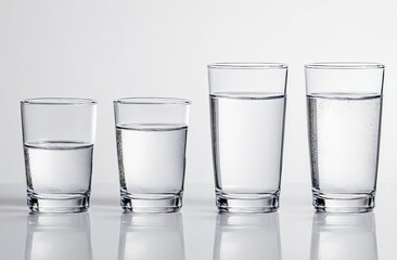 Four clear glass drinking glasses, varying in size, each holding a different amount of water.  