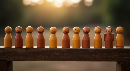 Wooden peg dolls in a row, outdoors, sunset.