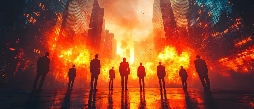 Silhouetted figures stand observing a burning cityscape engulfed in flames and smoke symbolizing urban disaster and global crisis - Powered by Adobe