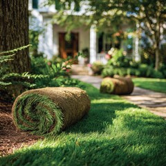 Rolled sod placed in a lush garden.  Sunlight filters through trees.  Home in background