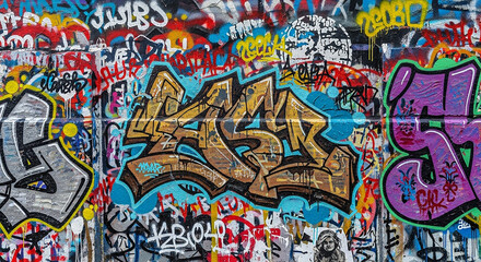 Vibrant and chaotic graffiti art covering a textured urban wall