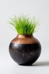 A dark-hued, rounded vase with copper trim, holding a small clump of grass