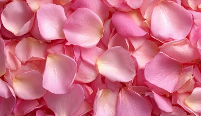 Close-up view of many delicate, light pink rose petals.  Softly layered, the petals fill the entire image, showing varying shades of pink and hints of yellow.  Texture is evident