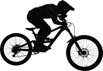 Mountain Biker Silhouette, Rider on Off-Road Bike, Full Gear and Helmet, Action Sport Vector for Adventure and Outdoor Design
