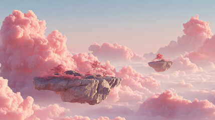 Dreamy landscape featuring floating islands amidst fluffy pink clouds, with delicate trees on rocky surfaces, creating a serene and magical atmosphere in a surreal environment