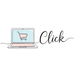 Laptop with shopping cart icon and "Click" text for online shopping promotions