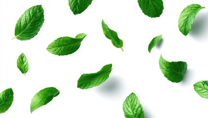 Fresh mint leaves scattered on white background (1)