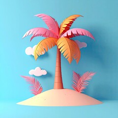 Vibrant Pink and Orange Palm Tree on Pastel Island