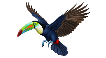 Isolated colorful toucan flying with outstretched wings against a blank backdrop in vector art