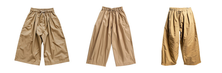 Pairs of khaki wide leg pants with drawstring waist on transparent background