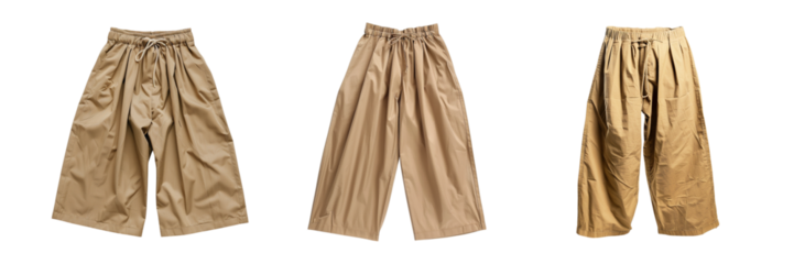 Pairs of khaki wide leg pants with drawstring waist on transparent background