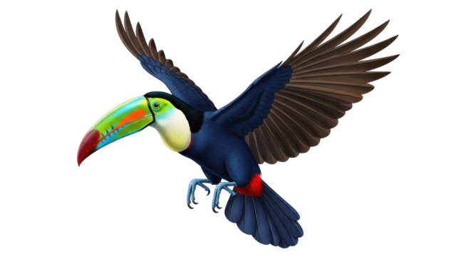 Isolated colorful toucan flying with outstretched wings against a blank backdrop in vector art